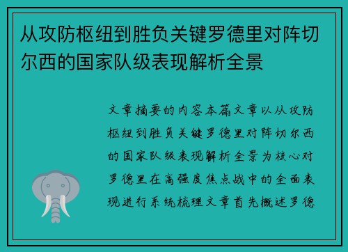 从攻防枢纽到胜负关键罗德里对阵切尔西的国家队级表现解析全景